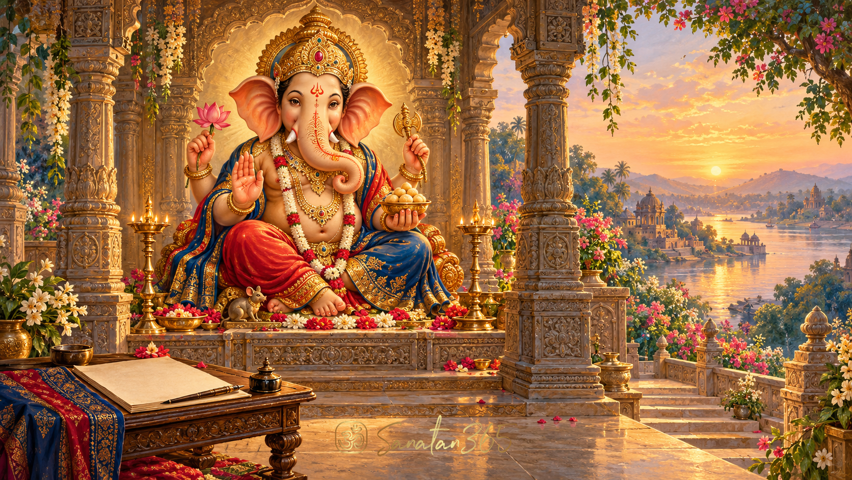 Painterly Ganesha murti in a luminous pavilion beside a manuscript awaiting the start of study.
