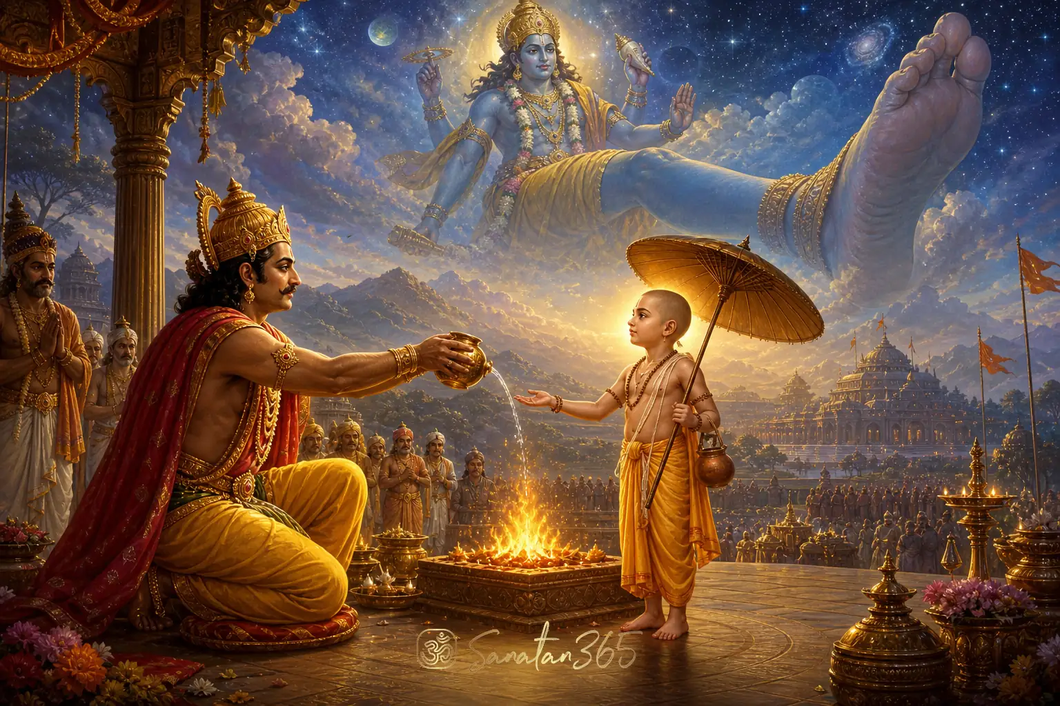 Vamana stands before King Bali at a yajna as Vishnu's cosmic Trivikrama form appears above.