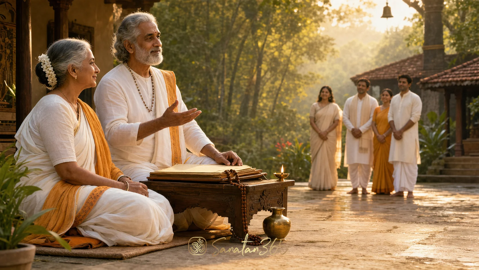Elder couple entering the Vanaprastha stage through quiet spiritual practice near a forest ashram