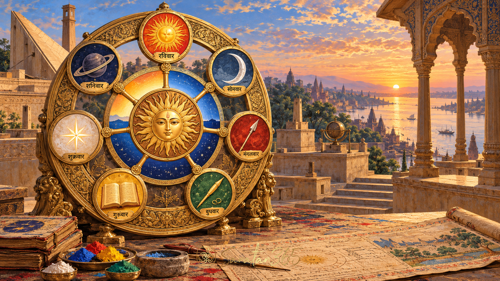 Painterly seven-station planetary weekday wheel beside an Indian observatory at sunrise