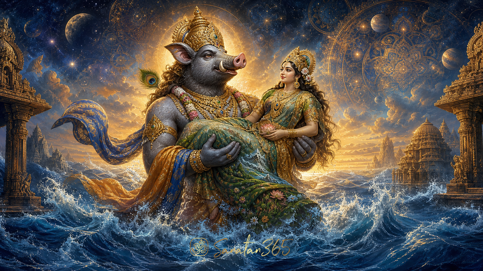 Lord Vishnu as Varaha raises Bhudevi from luminous cosmic waters