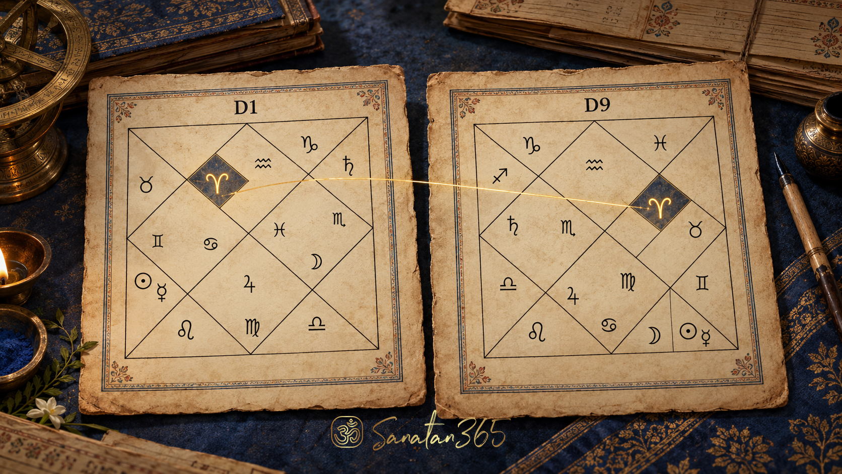 Painterly Indian astrological study with two distinct twelve-sign charts linked through one repeated zodiac symbol.