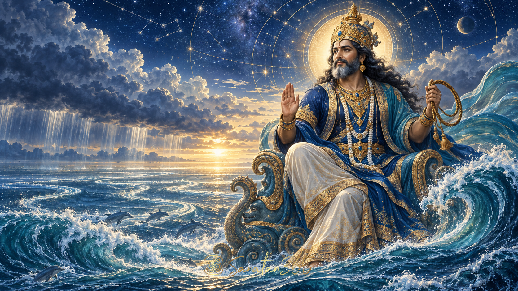 Painterly sacred illustration of Varuna Deva above ocean waters and a star-lit sky