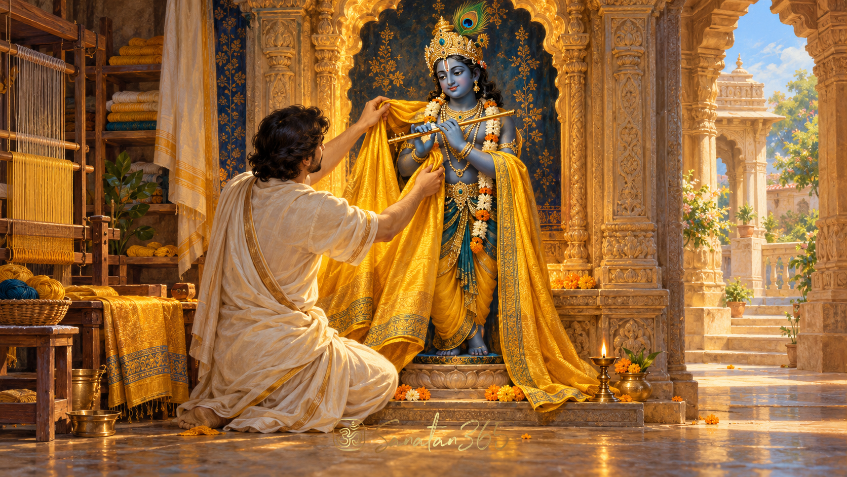 Painterly Krishna murti receiving a luminous handwoven yellow garment in an intimate, richly crafted sacred setting.