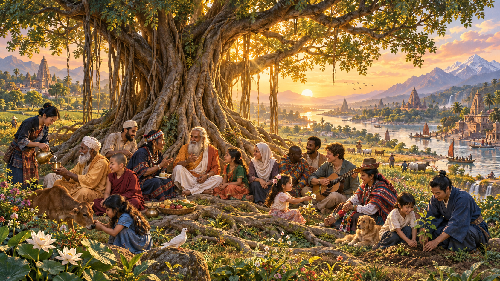 People gathered beneath a luminous banyan tree symbolising Vasudhaiva Kutumbakam, the world as one family