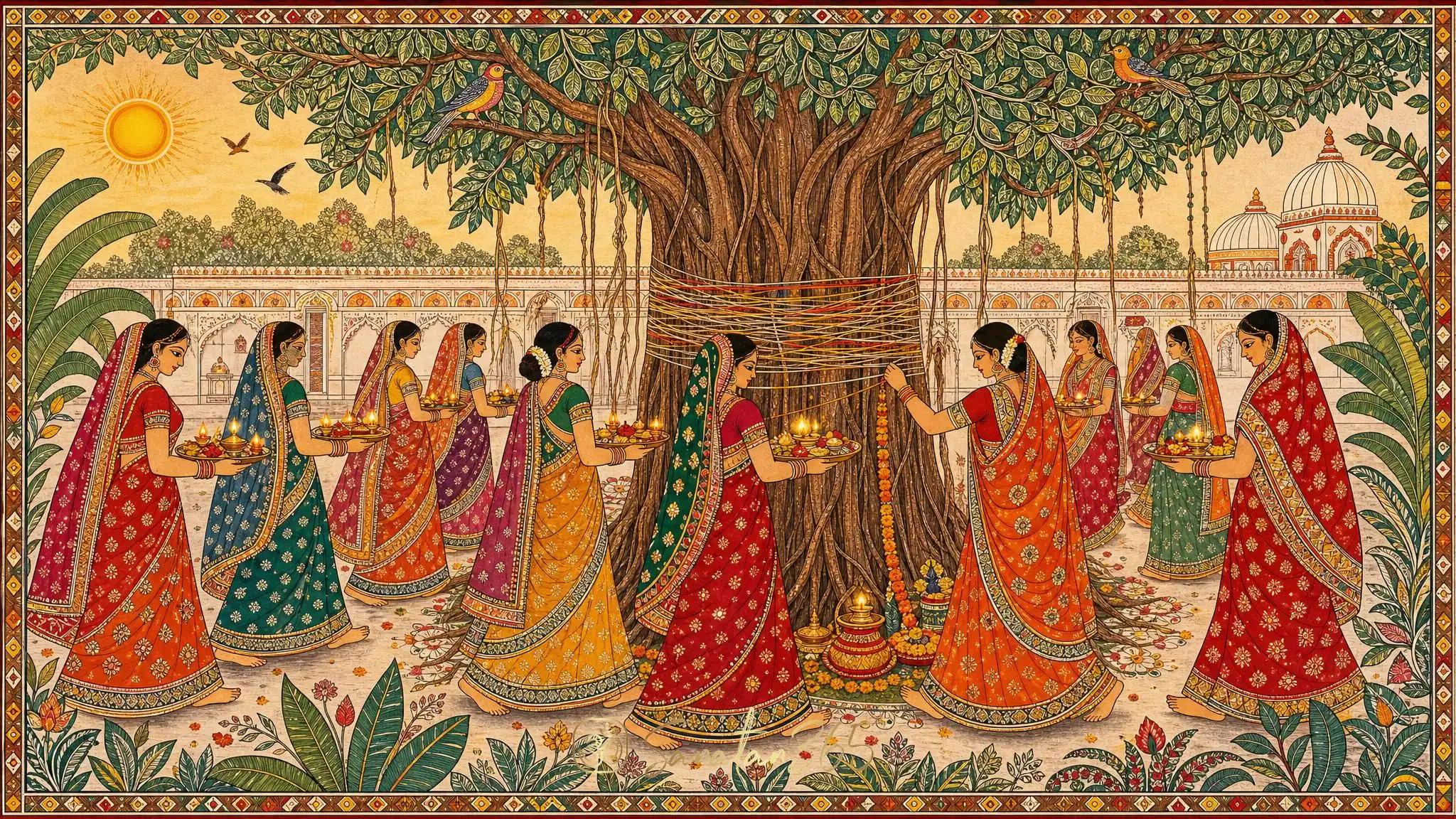 Women performing Vat Savitri Vrat puja around a sacred banyan tree at dawn
