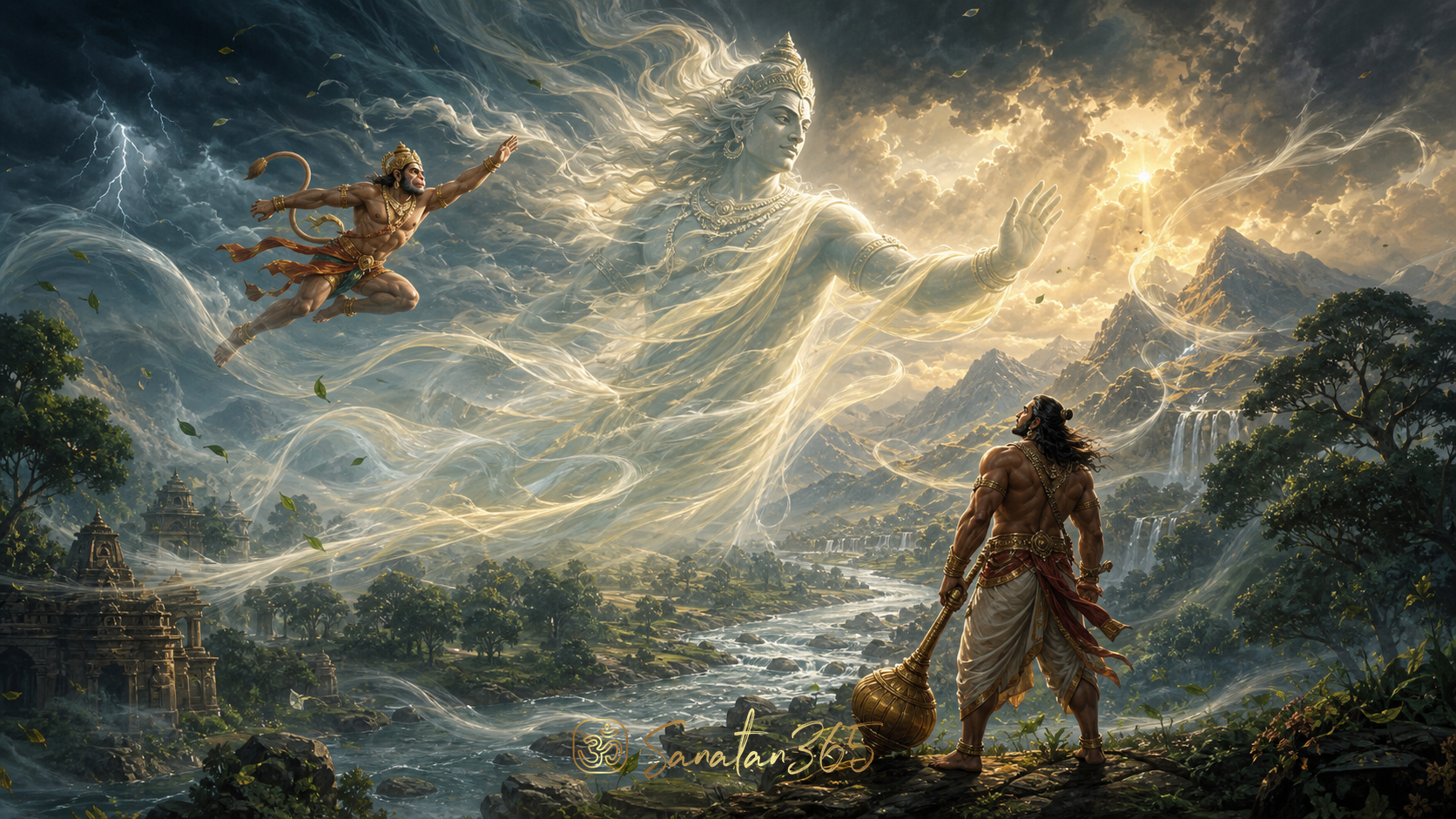 Painterly devotional illustration of Vayu Deva with wind currents, Hanuman, and Bhima