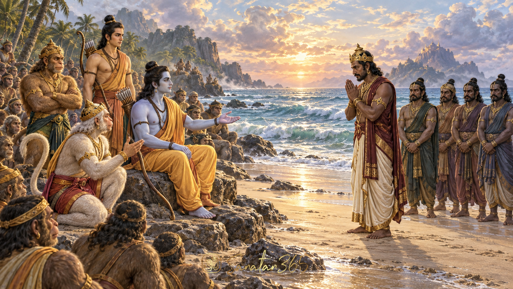 Vibhishana approaches Rama and his allies beside the sea in a painterly Ramayana scene