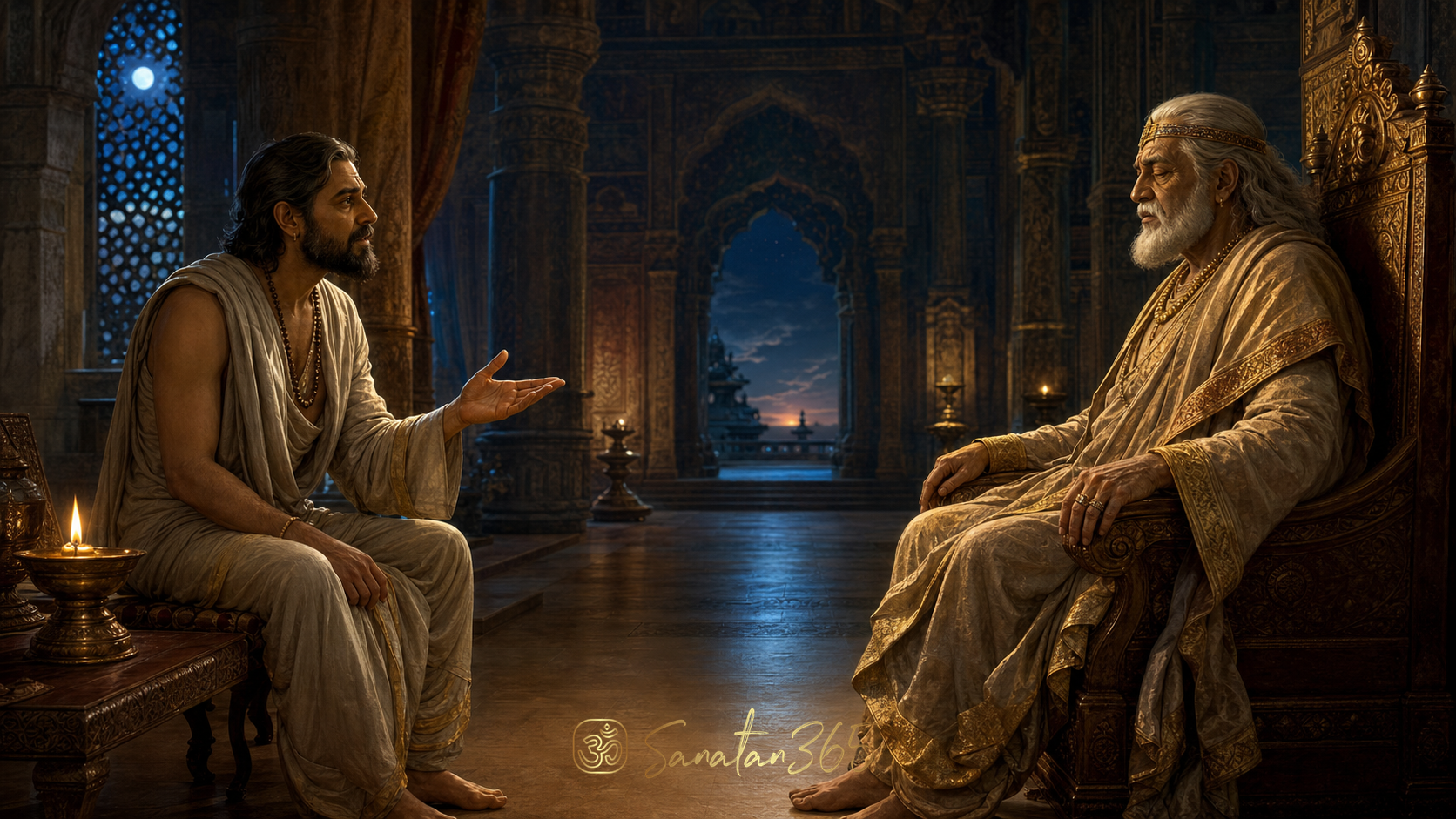 Vidura offering calm counsel to King Dhritarashtra in a moonlit Hastinapura palace