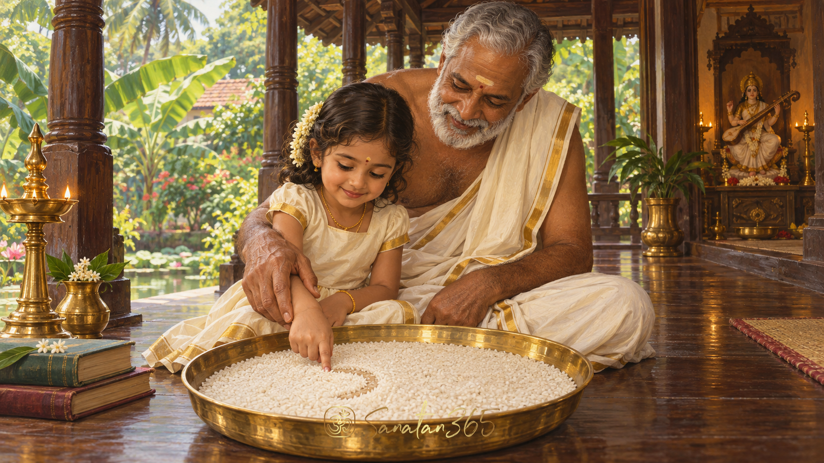 Painterly Kerala Vidyarambham scene showing a teacher gently guiding a child’s first letter in a brass tray of rice.