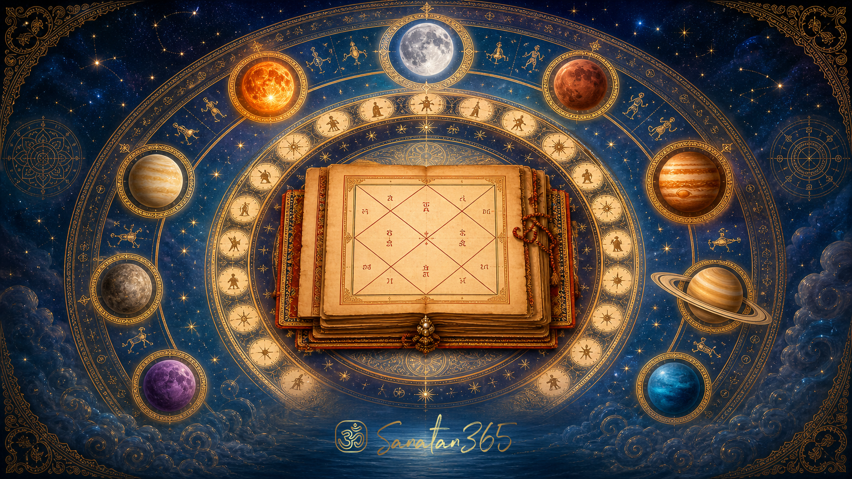 Painterly Jyotisha mandala showing nakshatras and nested planetary time cycles around a traditional Kundali manuscript