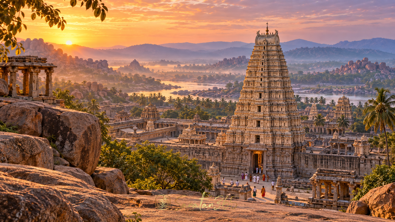 Painterly view of Virupaksha Temple’s tiered gateway amid Hampi’s granite landscape, with worshippers approaching at dawn.