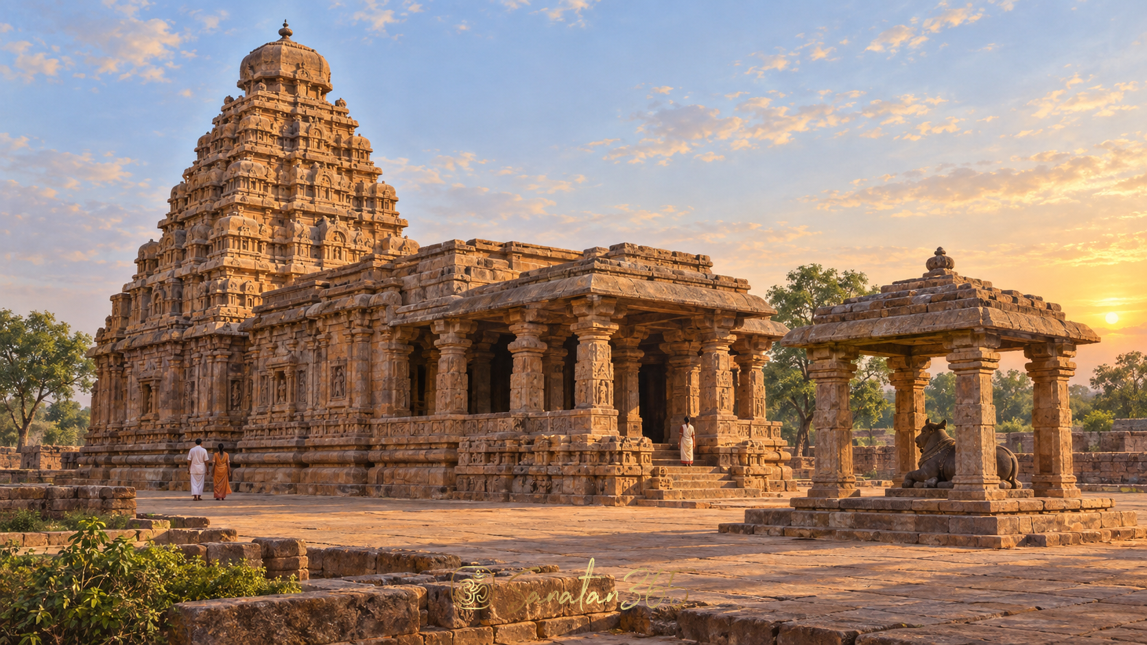 The Virupaksha Temple at Pattadakal in warm dawn light, with its stepped tower, stone halls, and Nandi pavilion