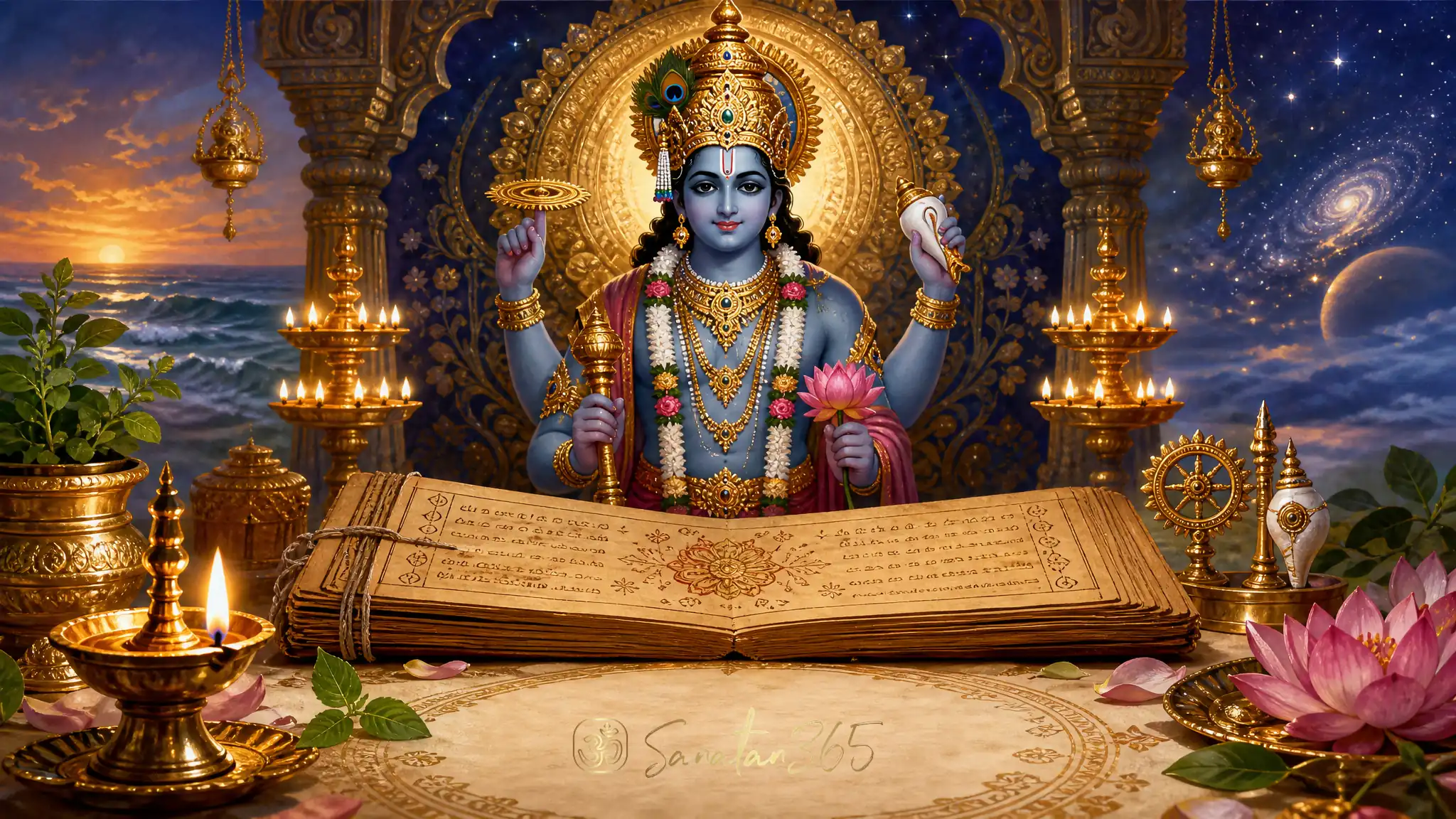Devotional painting of a Vishnu altar with palm-leaf manuscript, conch, chakra, lotus, tulsi leaves, and diya light