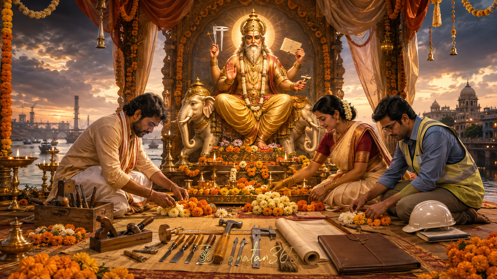 Painterly Vishwakarma Puja scene with the divine craftsman, artisans, tools, and a luminous festival pavilion