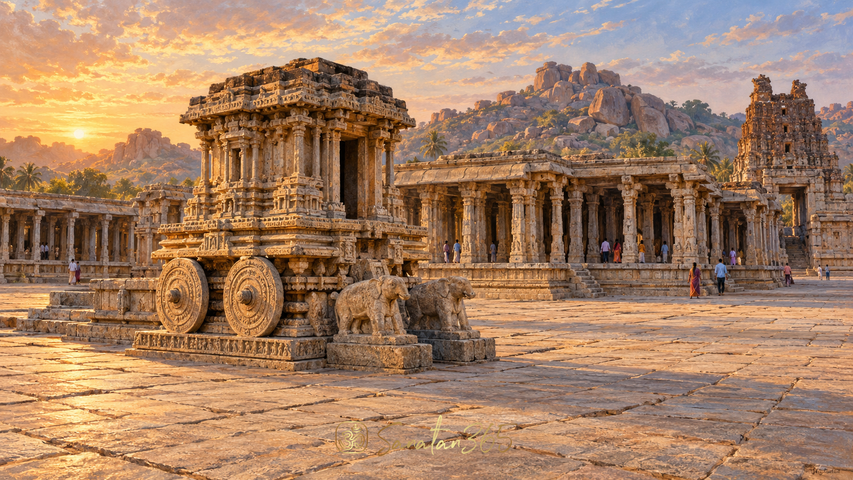 Painterly view of Hampi’s Vittala Temple courtyard with its granite Garuda stone chariot and ornate pillared halls.