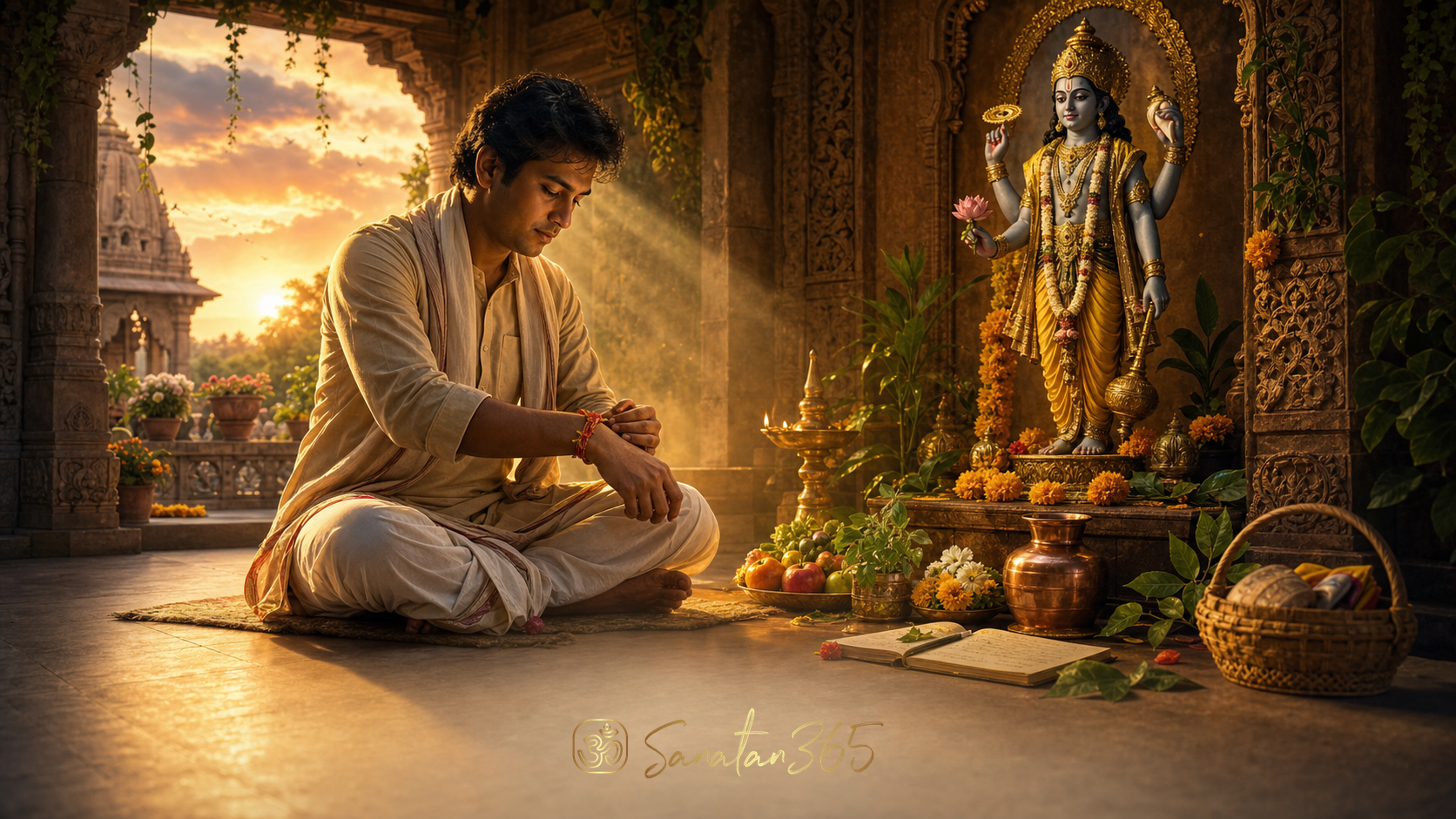 A devotee makes a sacred vrata vow before a Vishnu murti at sunrise