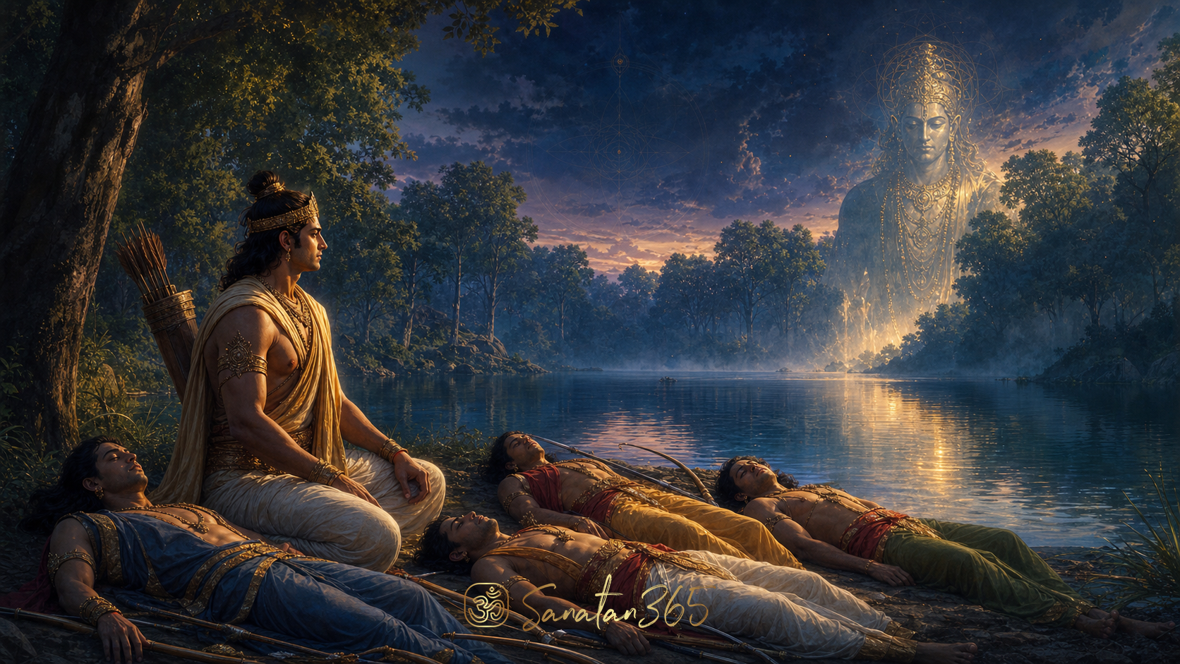 Yudhishthira answering the mysterious Yaksha beside a sacred forest lake in the Mahabharata