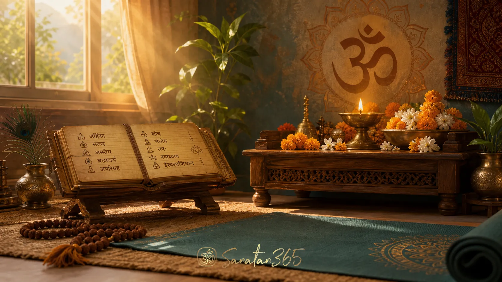 A serene devotional yoga setting with diya, manuscript, flowers, and yoga mat symbolizing Yama and Niyama.