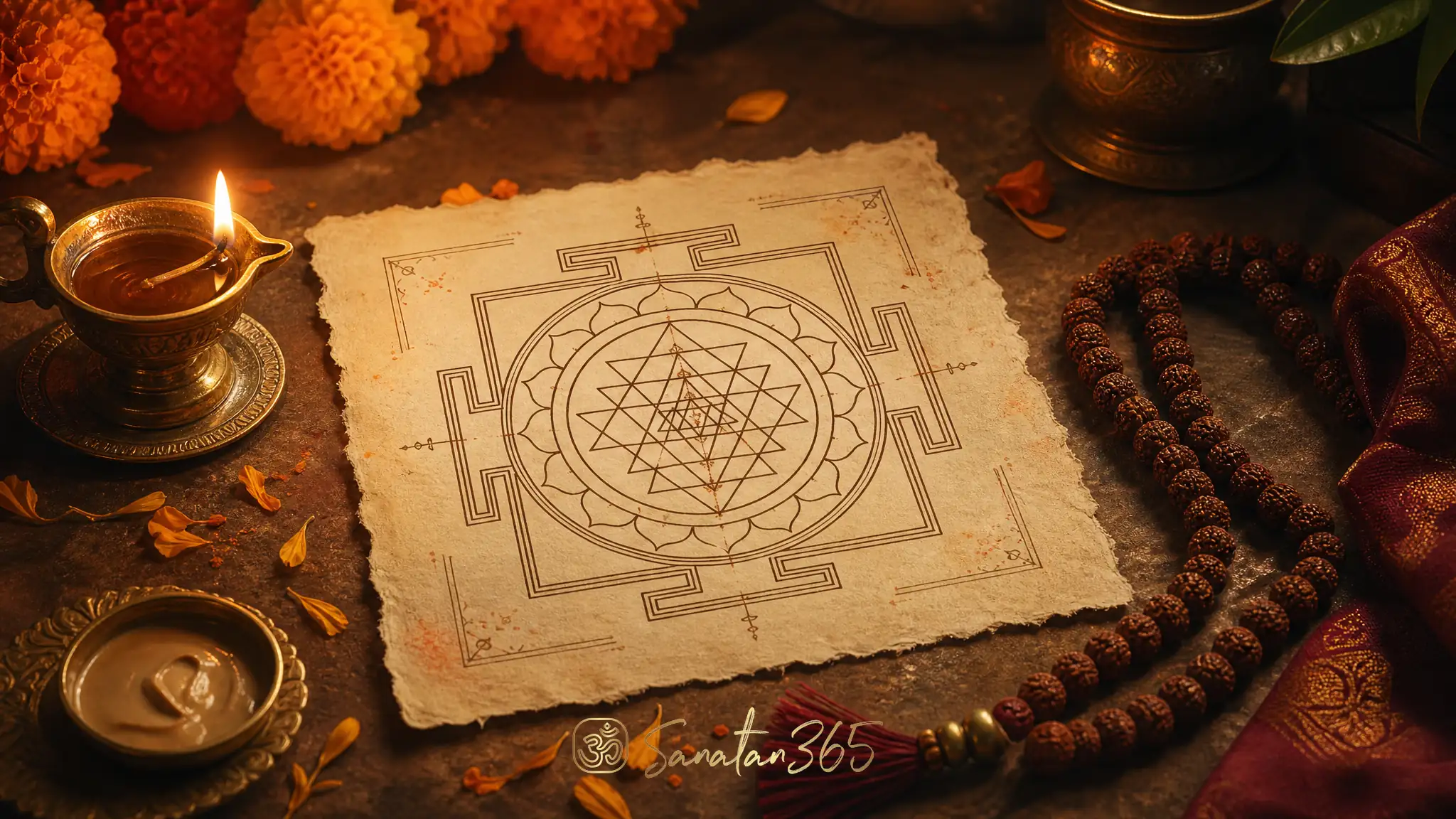Hand-drawn Hindu yantra on an altar with diya, marigold petals, sandalwood paste, and rudraksha mala