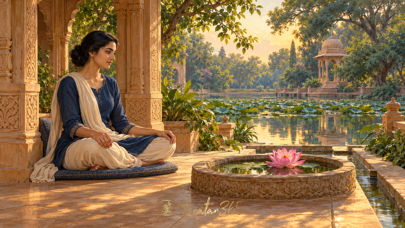 Painterly meditation veranda with a seated practitioner facing a single pink lotus, opening onto a connected courtyard and pond.