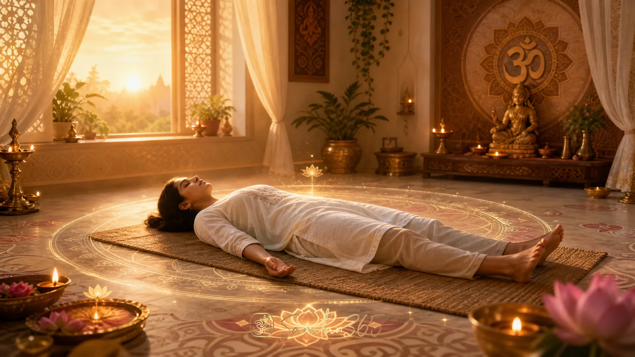 A serene seeker in shavasana with soft lamp light and subtle Om-lotus motifs for an article on Yoga Nidra meaning