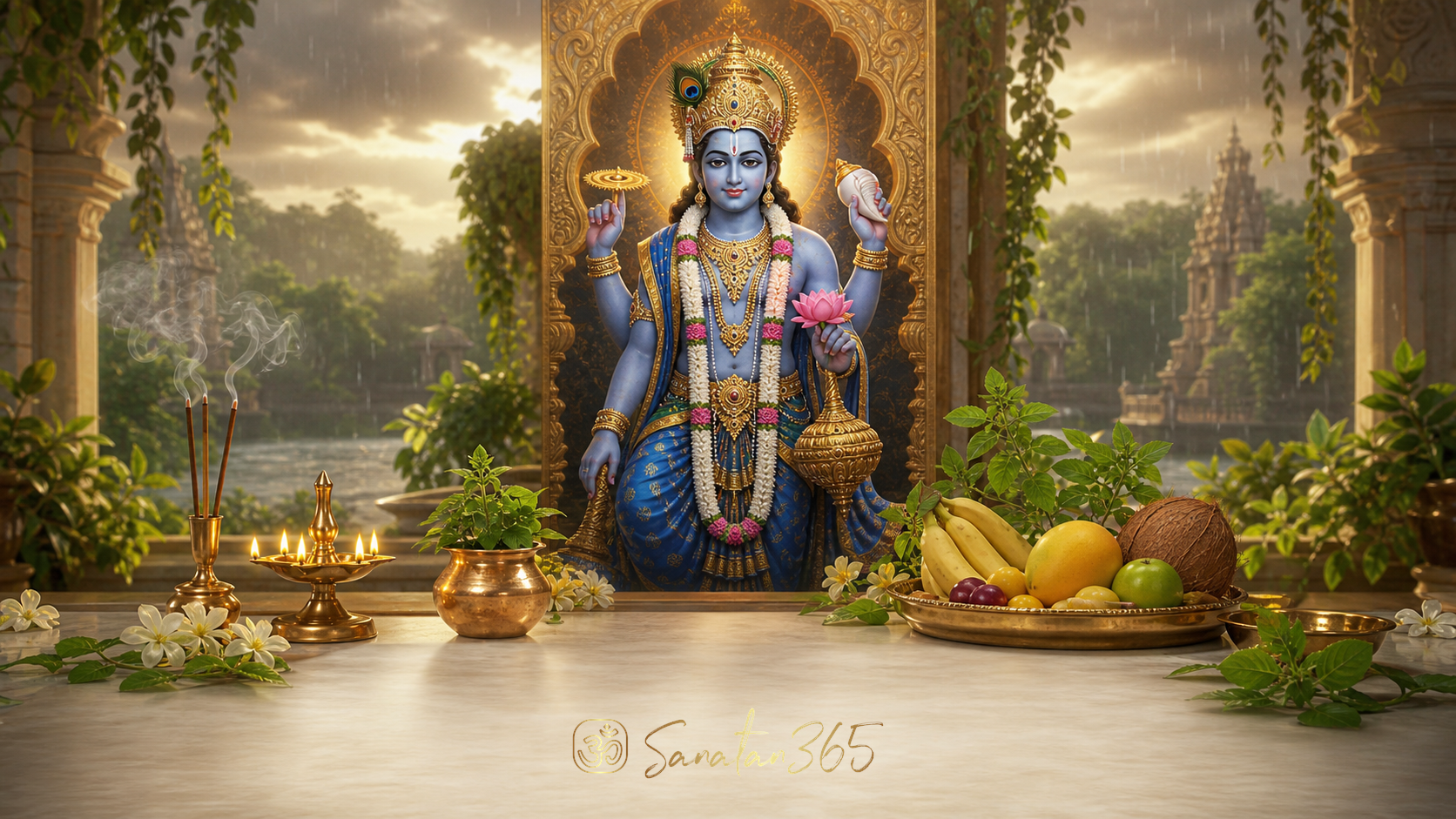 Lord Vishnu altar with tulsi, diya, kalash, and fasting offerings for Yogini Ekadashi 2026